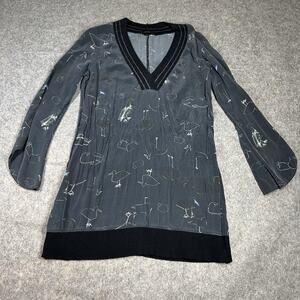 Animale Top Womens Size 38 US 8 100% Silk Blouse Duck Bird Black Tunic Artsy